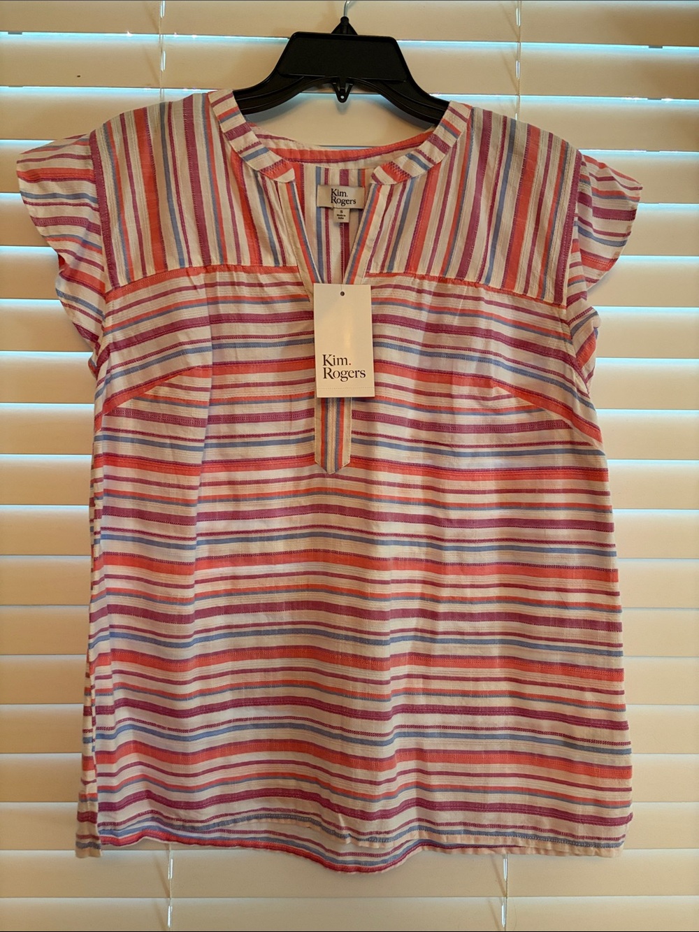Kim Rogers Multistripe Cap-Sleeve Top in Coral, Pink & Blue